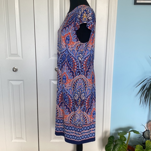 Liz Claiborne Size 12 Beautiful Blue & Orange Floral Paisley Short Sleeve Dress - Picture 3 of 7
